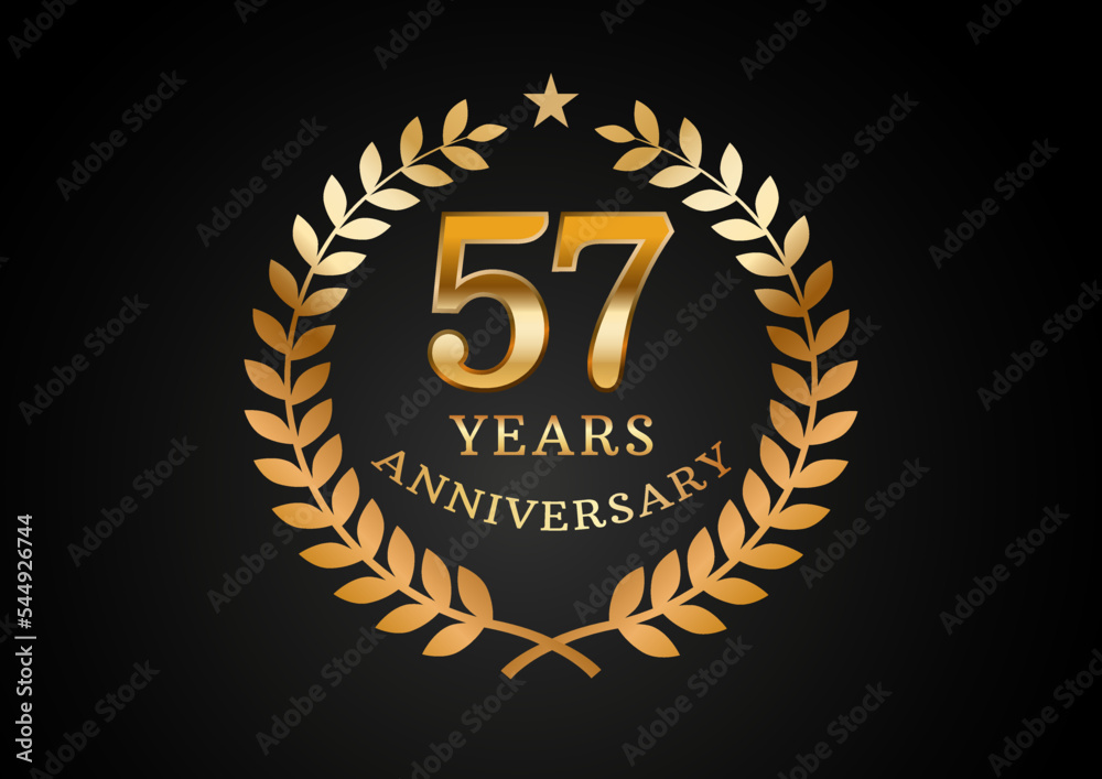 Vector graphic of Anniversary celebration background. 57 years golden anniversary logo with laurel wreath on black background. Good design for wedding party event, birthday, invitation, brochure, etc Vector graphic of Anniversary celebration background. 57 years golden anniversary logo with laurel wreath on black background. Good design for wedding party event, birthday, invitation, brochure, etc
