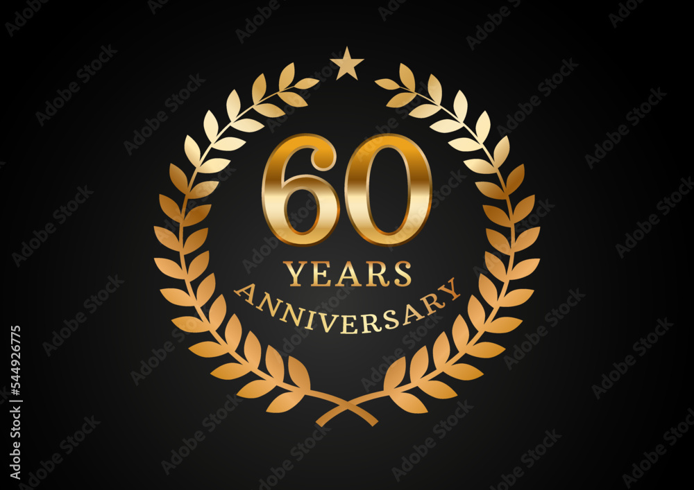Vector graphic of Anniversary celebration background. 60 years golden anniversary logo with laurel wreath on black background. Good design for wedding party event, birthday, invitation, brochure, etc Vector graphic of Anniversary celebration background. 60 years golden anniversary logo with laurel wreath on black background. Good design for wedding party event, birthday, invitation, brochure, etc