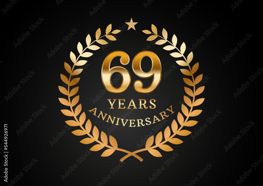 Vector graphic of Anniversary celebration background. 69 years golden anniversary logo with laurel wreath on black background. Good design for wedding party event, birthday, invitation, brochure, etc Vector graphic of Anniversary celebration background. 69 years golden anniversary logo with laurel wreath on black background. Good design for wedding party event, birthday, invitation, brochure, etc