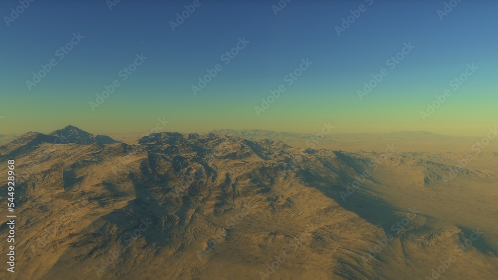 realistic surface of an alien planet, view from the surface of an exo-planet, canyons on an alien planet, stone planet, desert planet 3d render
