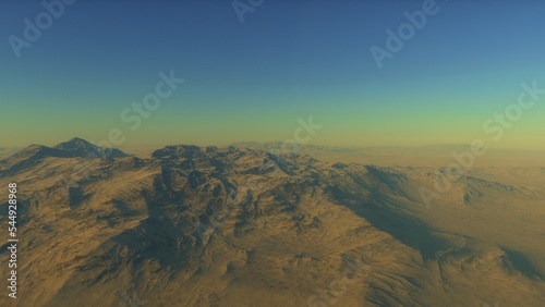 realistic surface of an alien planet, view from the surface of an exo-planet, canyons on an alien planet, stone planet, desert planet 3d render  © ANDREI