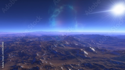 realistic surface of an alien planet, view from the surface of an exo-planet, canyons on an alien planet, stone planet, desert planet 3d render 