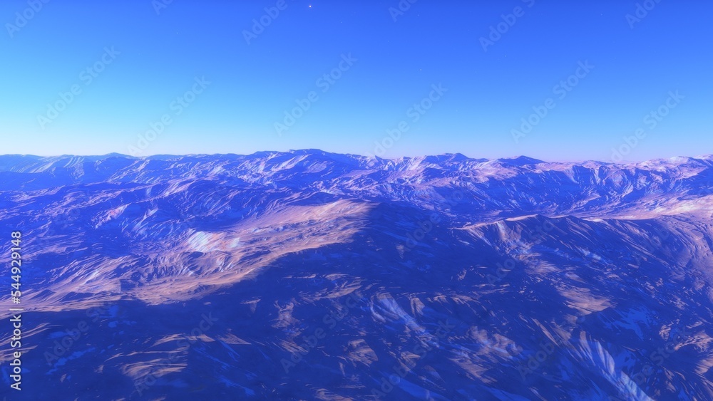 Exoplanet fantastic landscape. Beautiful views of the mountains and sky with unexplored planets. 3D illustration.
Exoplanet fantastic landscape. Beautiful views of the mountains and sky with unexplored planets. 3D illustration.