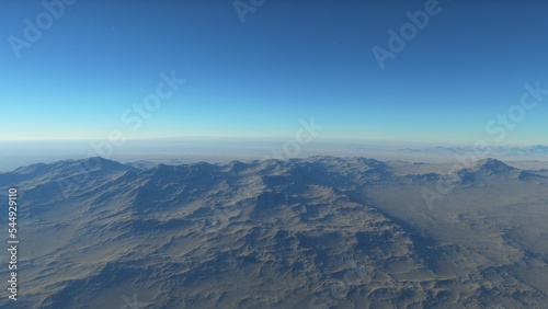 Exoplanet fantastic landscape. Beautiful views of the mountains and sky with unexplored planets. 3D illustration. 
