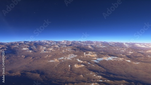 Exoplanet fantastic landscape. Beautiful views of the mountains and sky with unexplored planets. 3D illustration. 