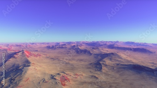 Exoplanet fantastic landscape. Beautiful views of the mountains and sky with unexplored planets. 3D illustration. 