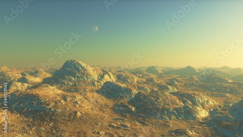 Exoplanet fantastic landscape. Beautiful views of the mountains and sky with unexplored planets. 3D illustration. 