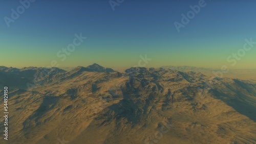 Exoplanet fantastic landscape. Beautiful views of the mountains and sky with unexplored planets. 3D illustration. 