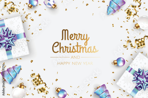 Merry Christmas and Happy New Year poster or banner with white gift box, christmas ball and gold christmas element