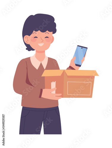 man unpacking carton box