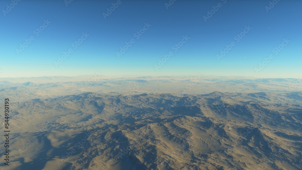 realistic surface of an alien planet, view from the surface of an exo-planet, canyons on an alien planet, stone planet, desert planet 3d render
