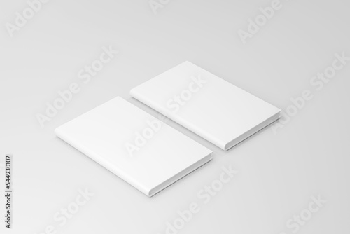 3d rendering left tilt blank books placed together and a book leaning on them, isolated white background, softcover square book on white background surface Perspective view