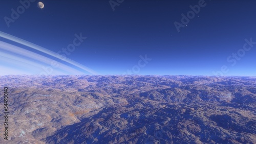 realistic surface of an alien planet  view from the surface of an exo-planet  canyons on an alien planet  stone planet  desert planet 3d render 