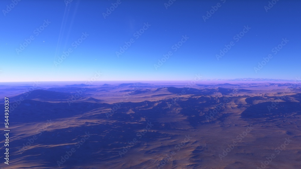 Exoplanet fantastic landscape. Beautiful views of the mountains and sky with unexplored planets. 3D illustration.
