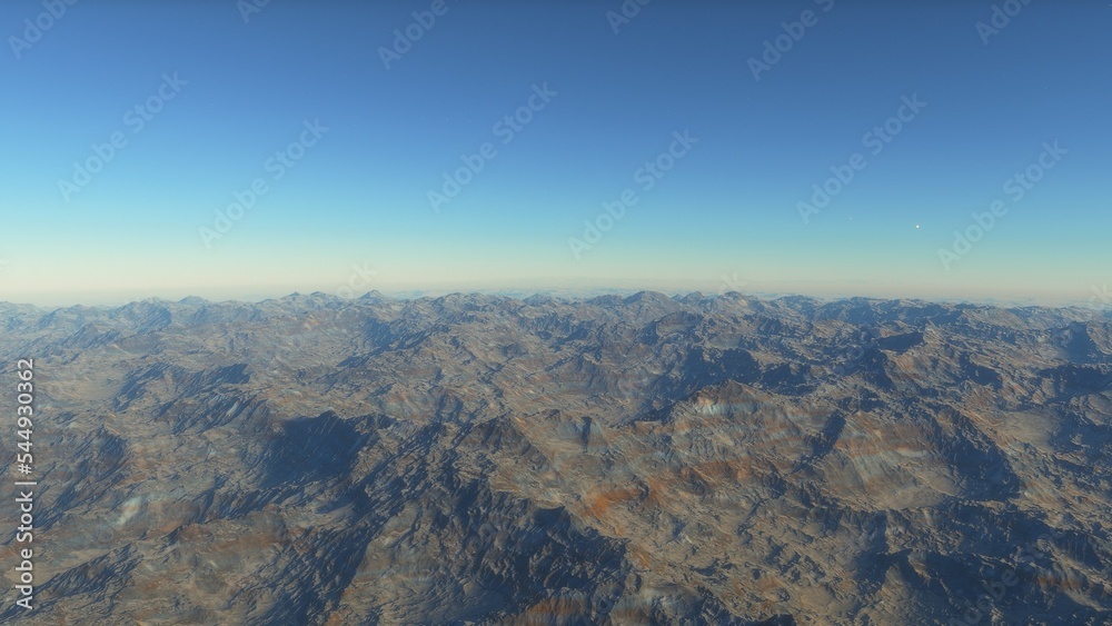 Exoplanet fantastic landscape. Beautiful views of the mountains and sky with unexplored planets. 3D illustration.
