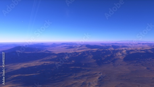 Exoplanet fantastic landscape. Beautiful views of the mountains and sky with unexplored planets. 3D illustration. 