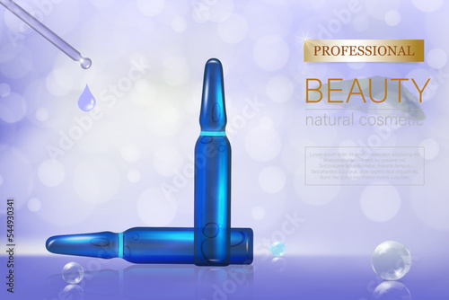 The layout of a cosmetic product in ampoules for a catalog, magazine. Natural oil with vitamins, hyaluronic acid. Vector illustration with isolated ampoules.