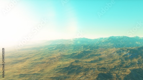 beautiful view from an exoplanet, a view from an alien planet, a computer-generated surface, a fantastic view of an unknown world, a fantasy world 3D render 