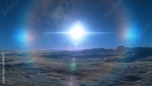 alien planet landscape, science fiction illustration, view from a beautiful planet, beautiful space background 3d render 