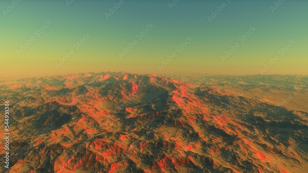 Fototapeta premium Mars like red planet, with arid landscape, rocky hills and mountains, for space exploration and science fiction backgrounds. 