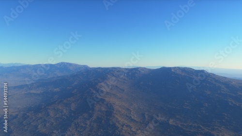 Mars like red planet, with arid landscape, rocky hills and mountains, for space exploration and science fiction backgrounds. 