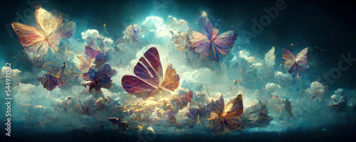 Science fantasy clouds become butterflies of mythological legend background.large stunningly beautiful fairy wings Fantasy abstract paint 3d render. © Nokhoog