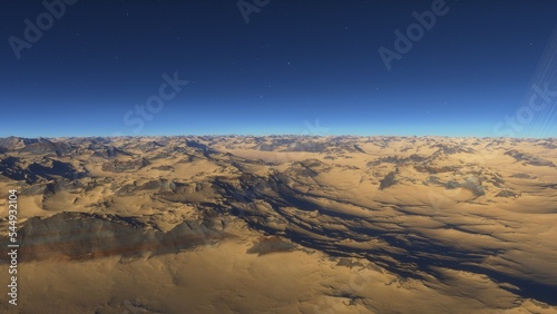 Mars like red planet, with arid landscape, rocky hills and mountains, for space exploration and science fiction backgrounds.  © ANDREI