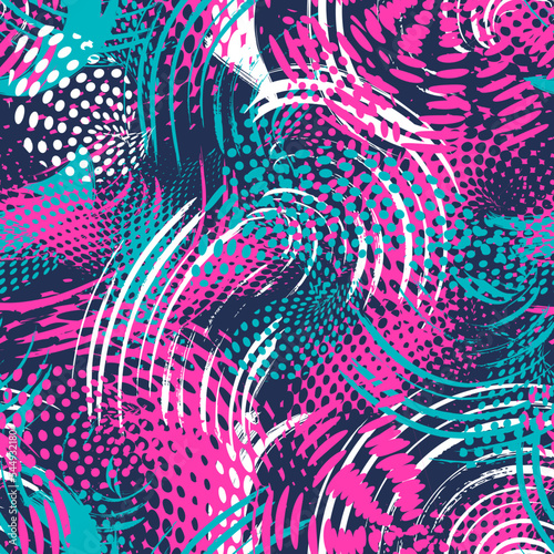 Abstract seamless grunge pattern for guys. Urban style background with trace of tire, lightning, dots and spray elements. Drive and speed modern creative wallpaper. Grunge neon texture background.