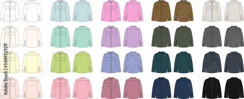 Set of blank shirt with pockets and buttons technical sketch. Diffirent colors. Unisex casual shirt mock up collection