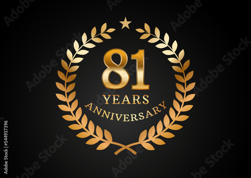 Vector graphic of Anniversary celebration background. 81 years golden anniversary logo with laurel wreath on black background. Good design for wedding party event, birthday, invitation, brochure, etc