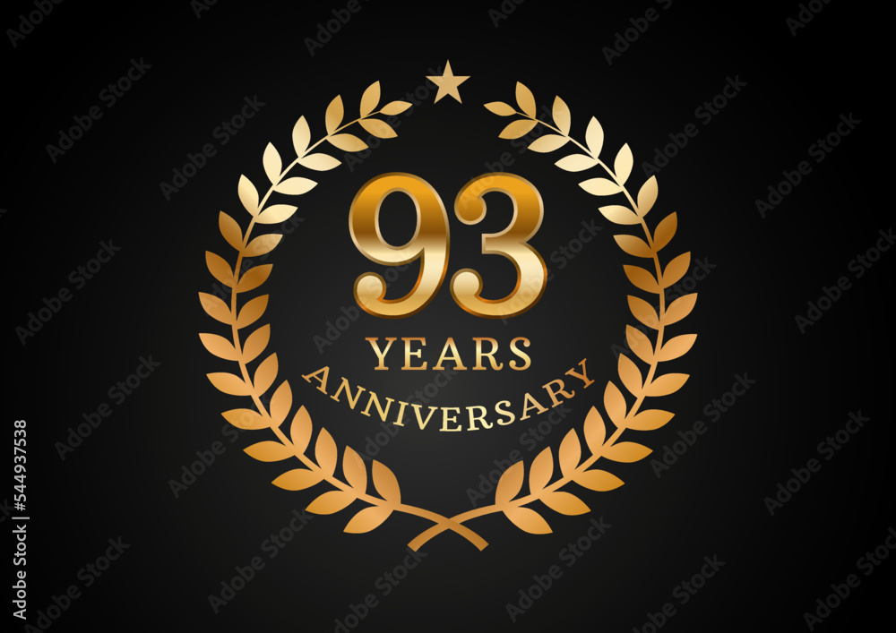 Naklejka premium Vector graphic of Anniversary celebration background. 93 years golden anniversary logo with laurel wreath on black background. Good design for wedding party event, birthday, invitation, brochure, etc