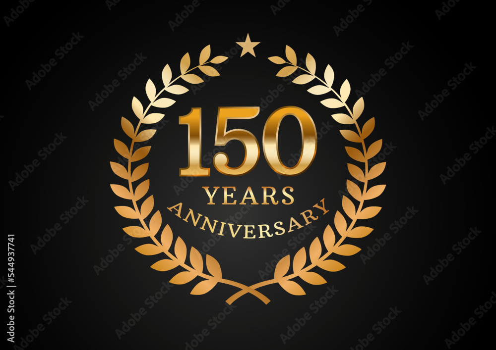 Vector graphic of Anniversary celebration background. 150 years golden anniversary logo with laurel wreath on black background. Good design for wedding party event, birthday, invitation, etc.