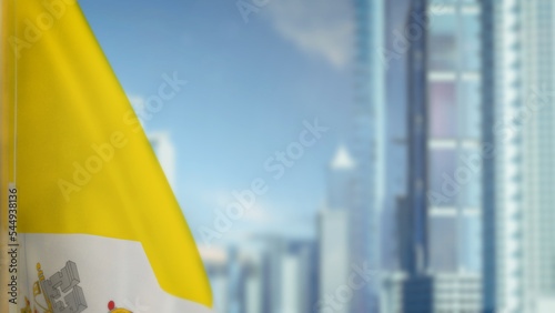 flag of Holy See on modern city architecture bokeh backdrop for independence day - abstract 3D illustration