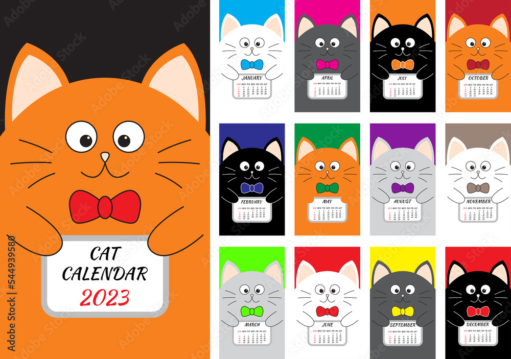 Cat vertical monthly calendar 2023 cover. All month. Cute cartoon character set.  Flat Vector - obrazy, fototapety, plakaty 