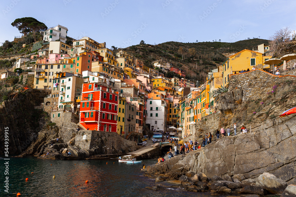 Vernazza, Cinque Terre, Italy.  Warm weather and blue skies.  European Tourism