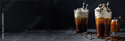 Fototapet Cold coffee drink frappe (frappuccino), with whipped cream and chocolate syrup,