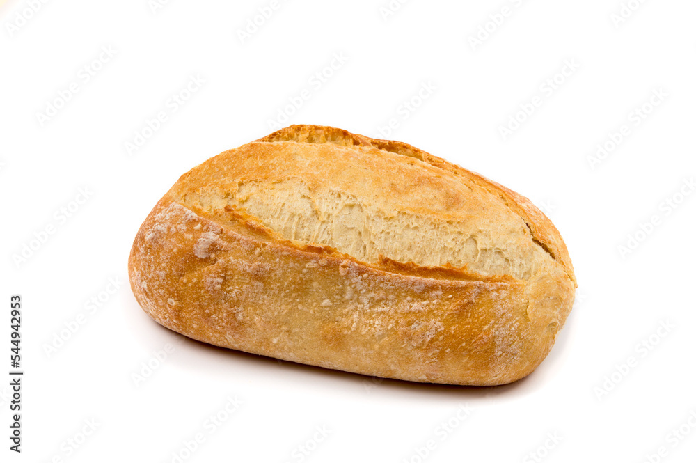 a loaf of white bread with an attractive delicious crust on a white background close-up