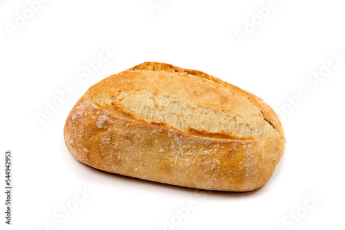 a loaf of white bread with an attractive delicious crust on a white background close-up