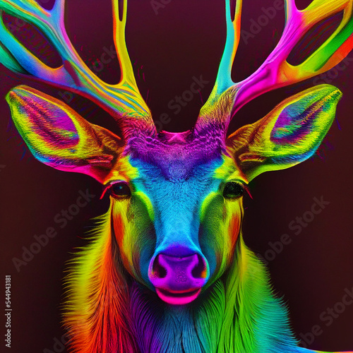 Deer. Abstract, neon, multi-colored portrait of a deer's head on a dark purple background. © Nokhoog