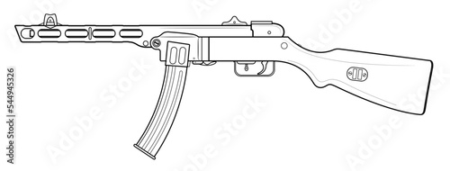 Vector illustration of the PPSh41 machine gun with box magazine on the white background. Left side.