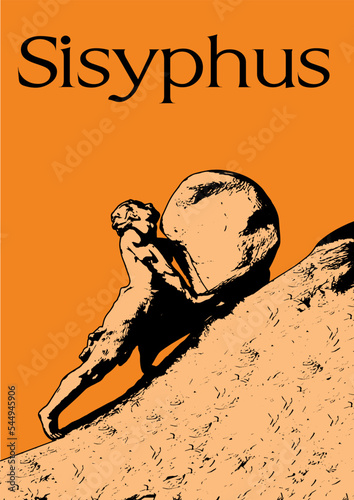 Foto Sisyphus greek myth rolling a rock in a mountain