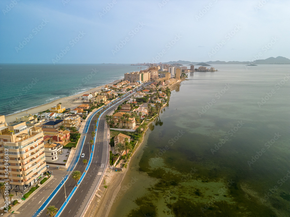La Manga del Mar Menor Murcia spain, aerial Spectacular aerial images with drone view of the lagoon and the Mediterranean Sea at sunset