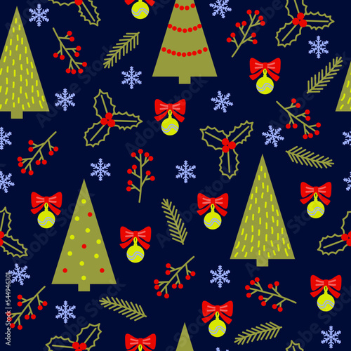 Christmas seamless pattern. Christmas tree, ilex, fir branch, ball and snowflake on navy background