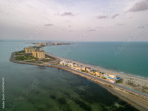 La Manga del Mar Menor Murcia spain, aerial Spectacular aerial images with drone view of the lagoon and the Mediterranean Sea at sunset