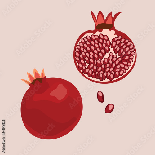 
Sliced ​​pomegranate. Vector image of a pomegranate on a pink background. Summer, bright, juicy illustration.