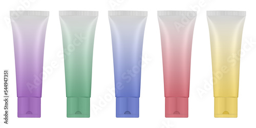 Set of multicolored gradient tubes. 3d mockup. Rainbow palette. Purple, blue, green, yellow and red colors. Hand cream, mask or lotion. Professional shampoo. Plastic bottle.