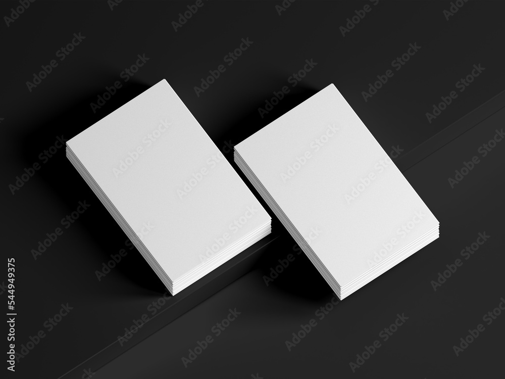 3D Illustration. White business card mockup isolated on black background.