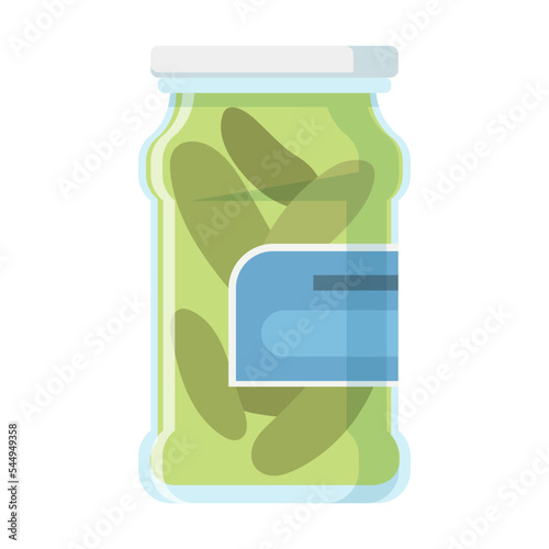 Food in can and jar vector illustration. Tinned goods, pickled cucumber storage on white background