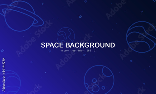 Cartoon cute wallpaper with space. Dark blue background with planets, stars, asteroids, Moon, comets in linear flat style. Cartoon galaxy backdrop.