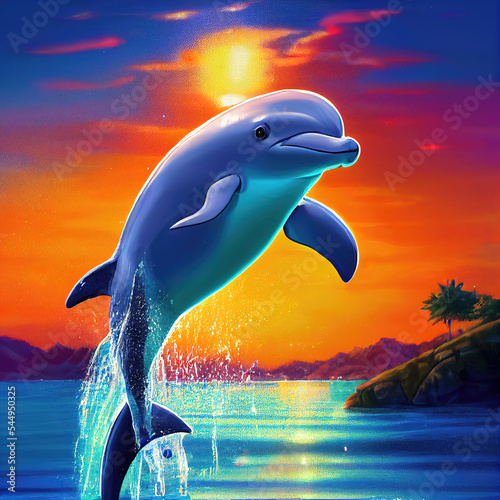 a cute lovely dolphin jumping out of the water  colorful background